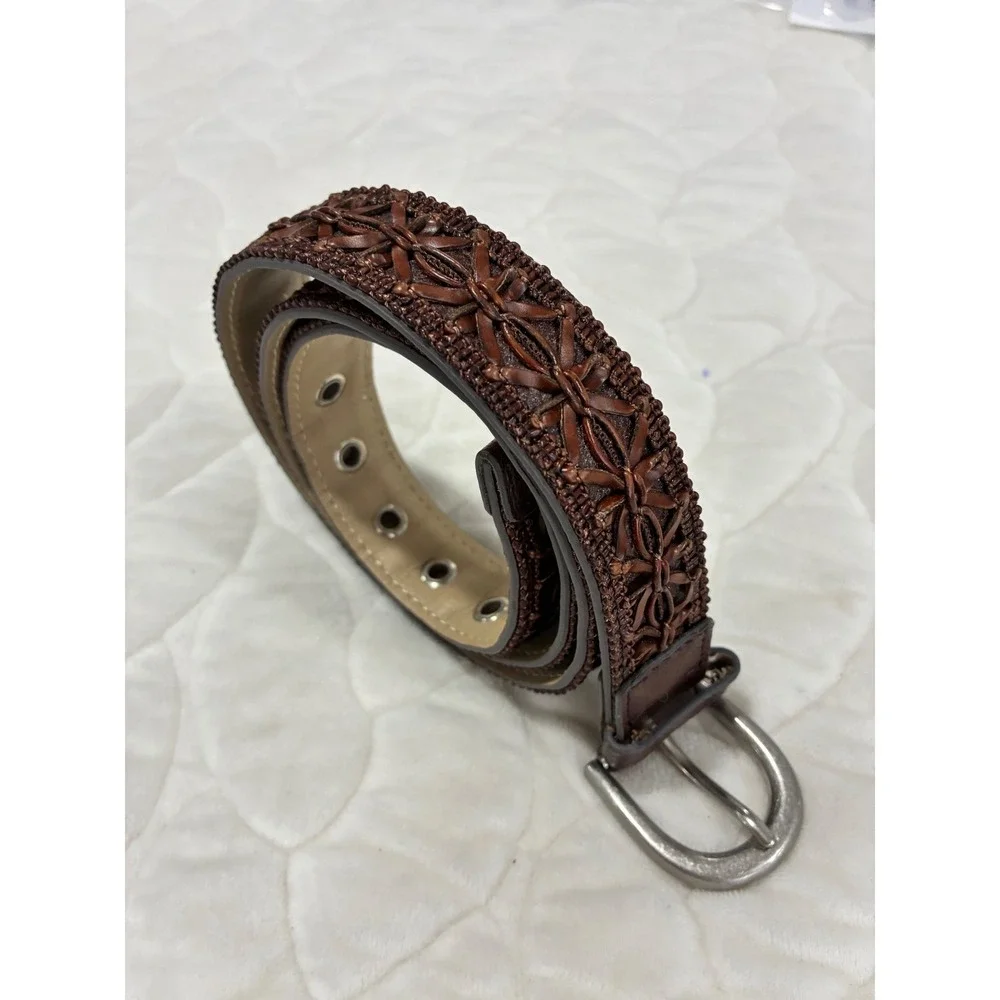 Vintage Mens Brown Embossed Belt XL Extra Large Silver Buckle‎ Western Style